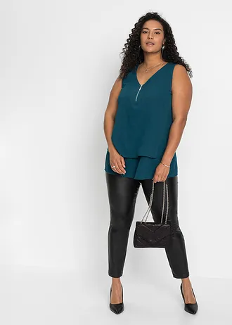 Top met rits in een viscosemix, Kleur: blauwpetrol