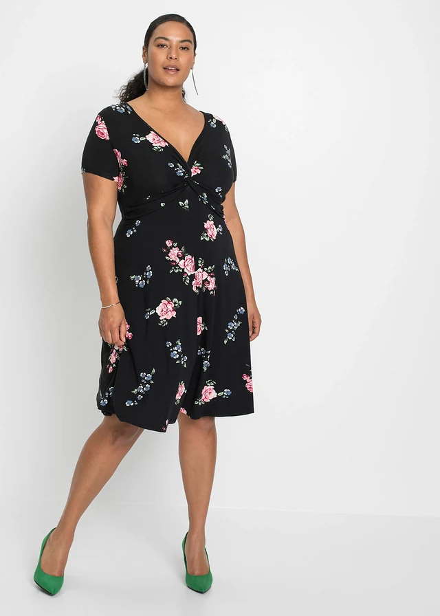 Jersey jurk in een viscosemix, Kleur: zwart gebloemd