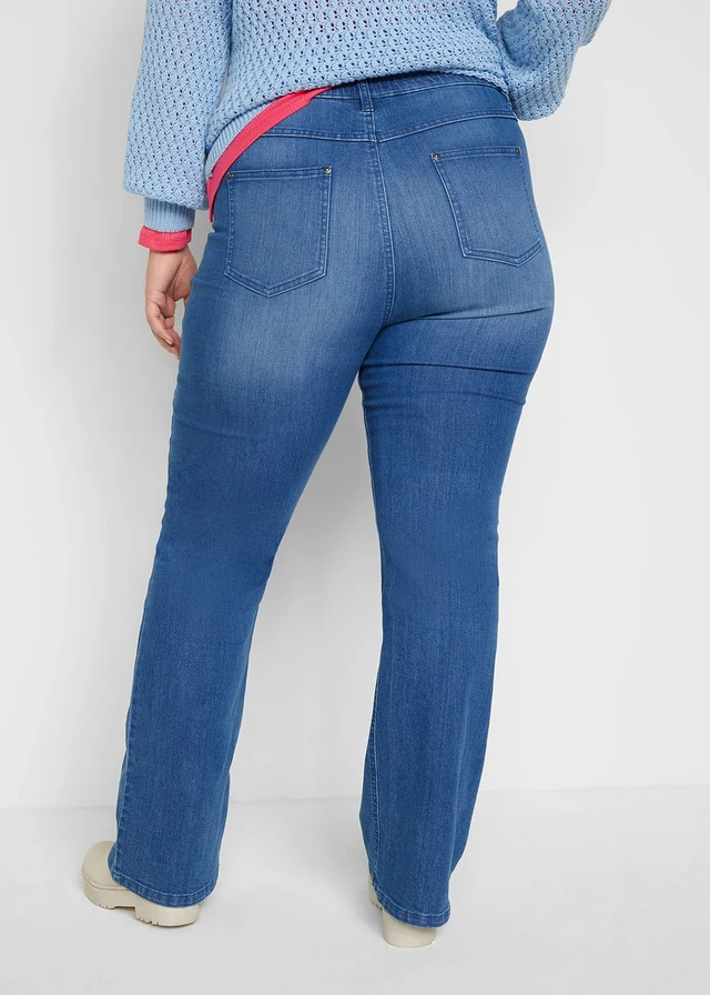 Jean bootcut, taille haute et élastiquée, Couleur: bleu denim used