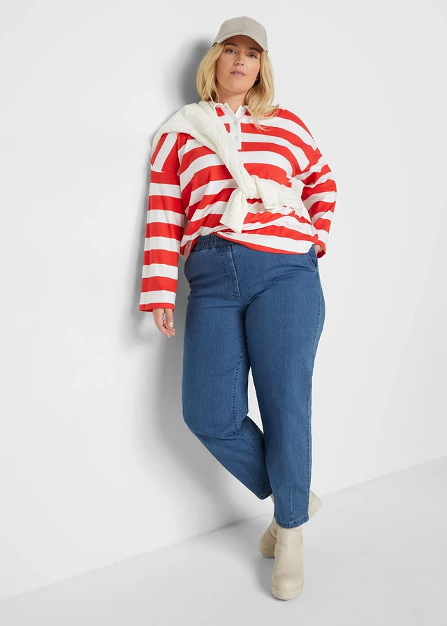 Mom džíny, High Waist, pohodlný pas, barva: středně modrý denim used