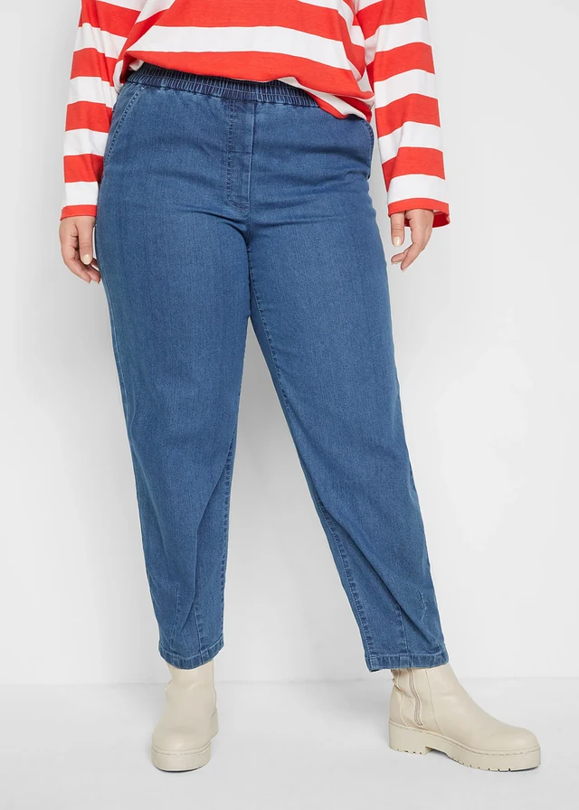 High waist mom jeans met comfortband, Kleur: middelblauw denim used