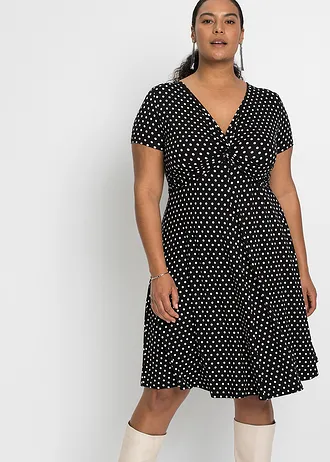 Jersey jurk van viscosemix, Kleur: zwart-wit gestippeld