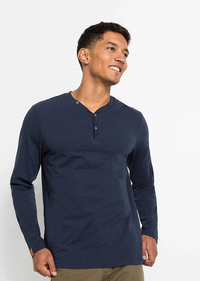 Lot de 2 T-shirts col tunisien manches longues, 100% coton • bleu foncé + gris vert • product-page.page-title-suffix