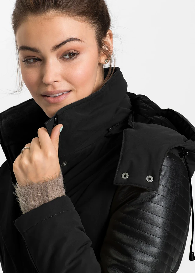 Lange parka met imitatieleer • zwart • product-page.page-title-suffix