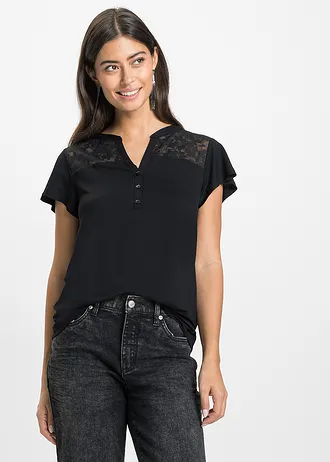T-shirt col tunisien en viscose majoritaire • noir • Boutique bonprix
