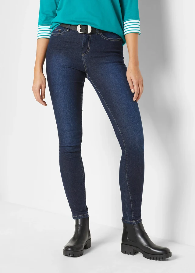 Skinny sztreccsfarmer, Mid Waist, szín: sötétkék denim, használt hatású