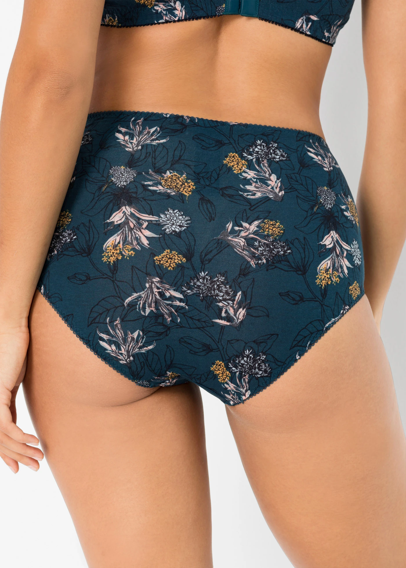 Vysoké kalhotky s organickou bavlnou (4 ks v balení) • tmavě petrolejová s květy + tmavě petrolejová + kouřově modrá • bonprix obchod