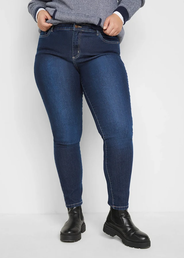 Jean skinny taille mi-haute, extensible, Couleur: bleu foncé denim used