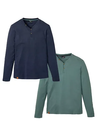 Lot de 2 T-shirts col tunisien manches longues, 100% coton • bleu foncé + gris vert • Boutique bonprix