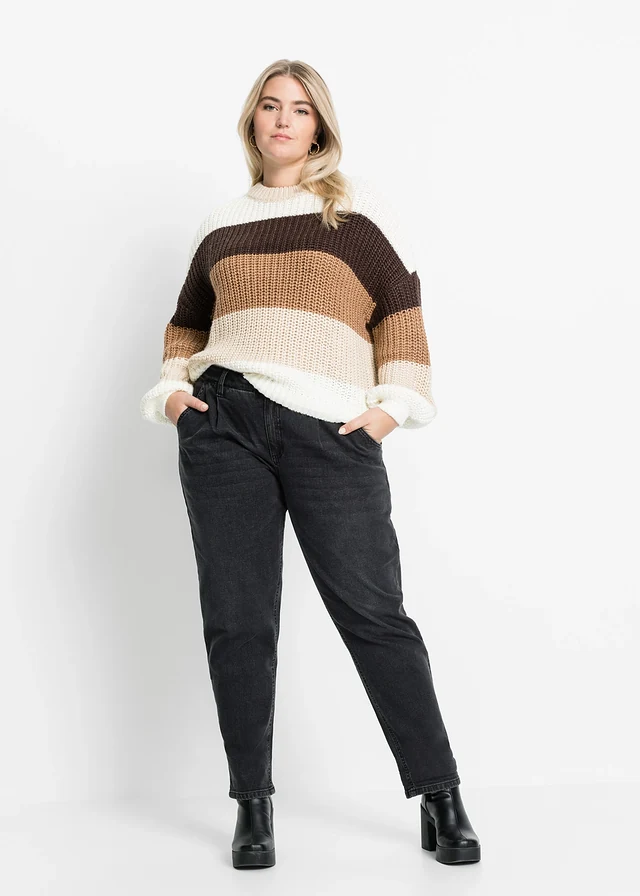 Barrel stretch jeans, mid waist, Kleur: zwart denim