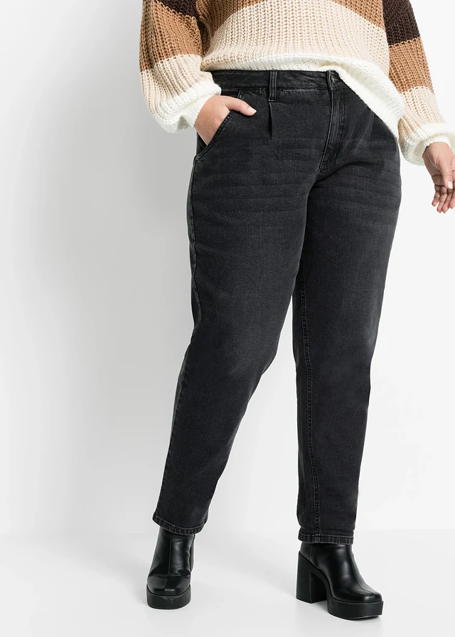 Barrel stretch jeans, mid waist, Kleur: zwart denim