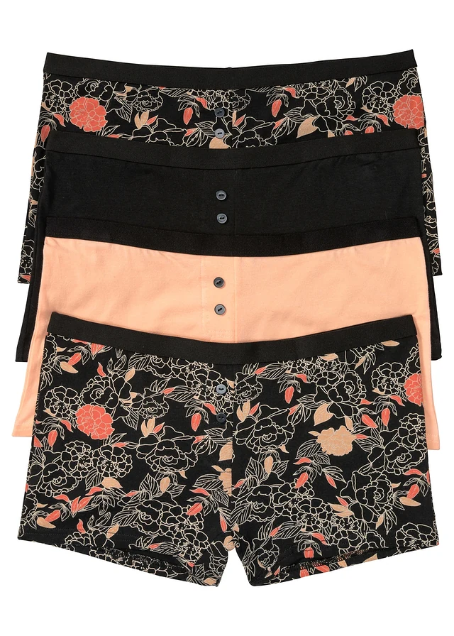 Lot de 4 boxers femme, Couleur: noir floral + noir + melba