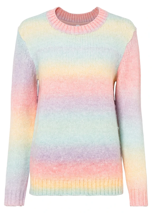 Pull doux en grosse maille contenant de la laine, Couleur: rose-jaune-bleu clair-violet rayé
