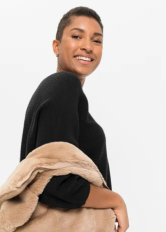 Pulover ripsat oversize, din material cu viscoză • negru • magazin bonprix