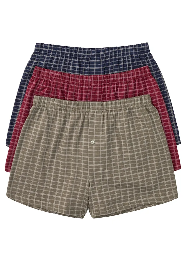 Wijde jersey boxershort van katoen (set van 3) • donkerblauw+kleigroen+kastanjerood geruit • bonprix online shop