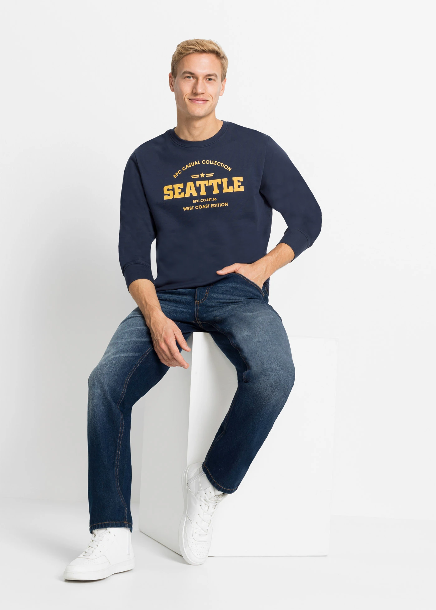 Mikina z čisté organické bavlny (2 ks v balení) • tmavě modrá + petrolejová s potiskem • bonprix obchod