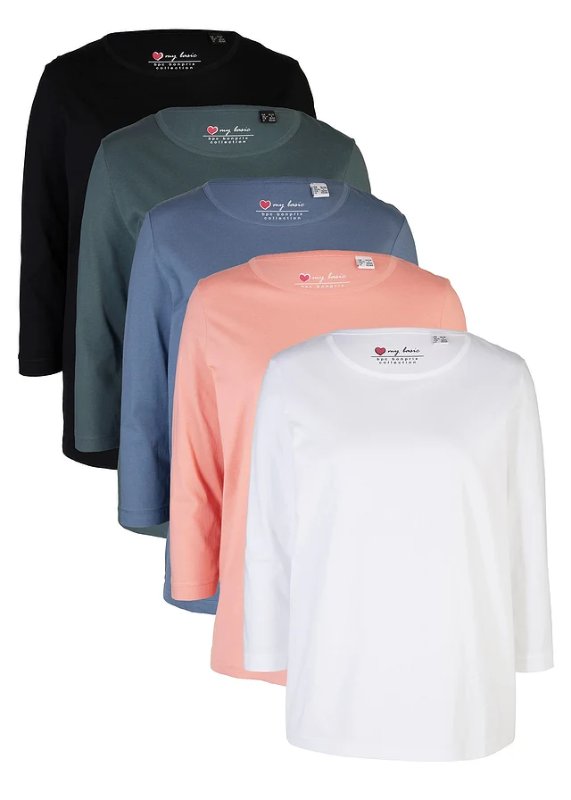 Lot de 5 T-shirts manches 3/4, Couleur: vert eucalyptus + pêche + bleu fumé + blanc + noir