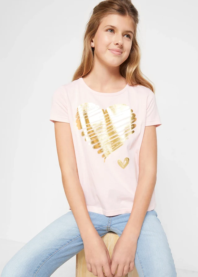 Meisjes T-shirt (set van 2) met katoen, Kleur: lichtgrijs gemêleerd+roze poudre