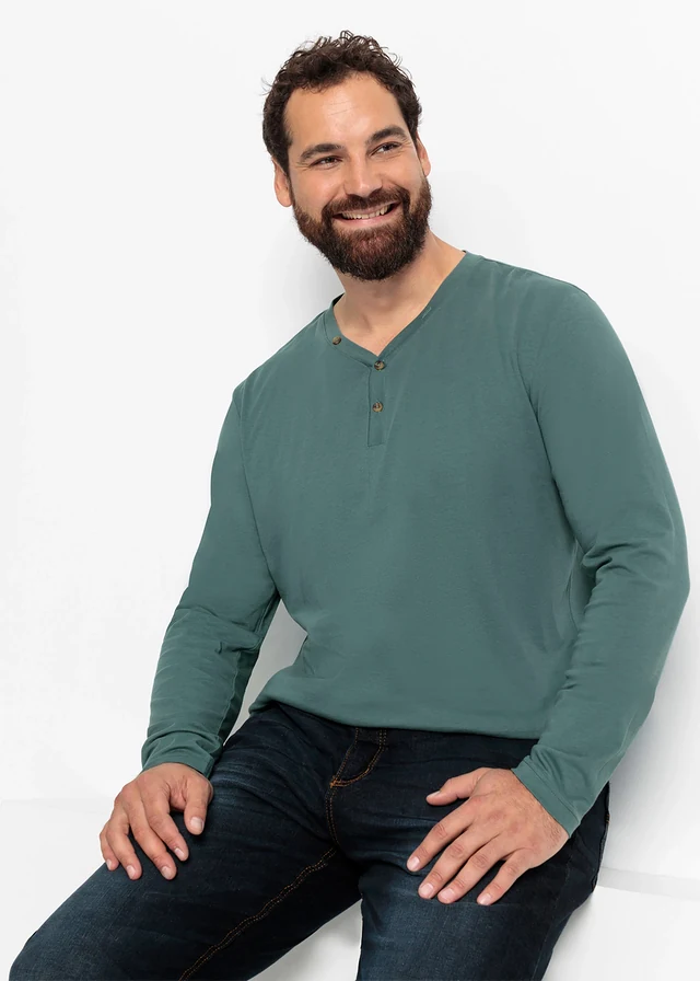 Lot de 2 T-shirts col tunisien manches longues, 100% coton, Couleur: bleu foncé + gris vert