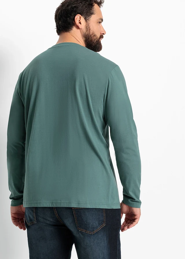 Lot de 2 T-shirts col tunisien manches longues, 100% coton, Couleur: bleu foncé + gris vert