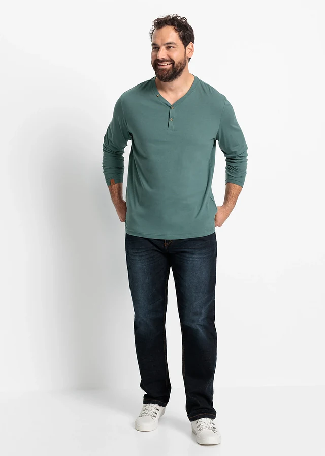 Lot de 2 T-shirts col tunisien manches longues, 100% coton, Couleur: bleu foncé + gris vert