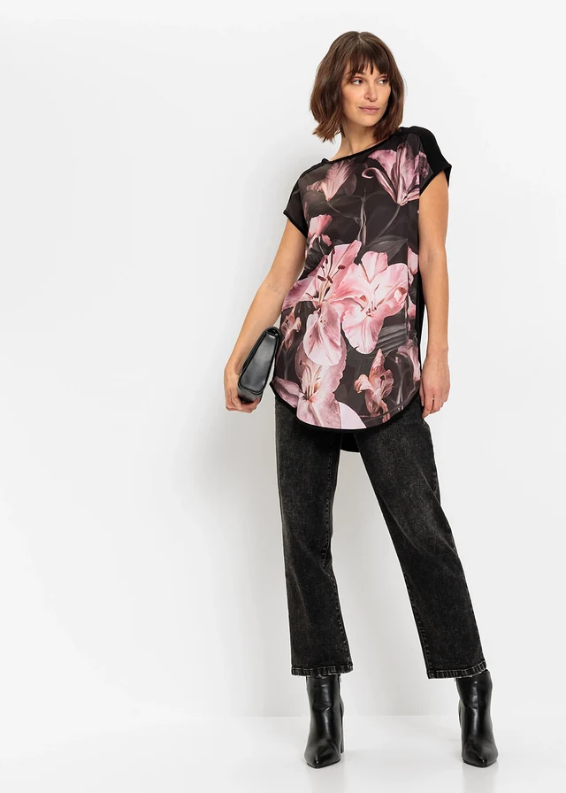 T-shirt imprimé en matière douce, Couleur: noir-rose lys