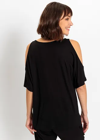 Cold shoulder shirt van viscose, Kleur: zwart-grijs gebloemd