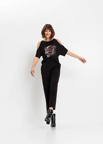 Cold shoulder shirt van viscose, Kleur: zwart-grijs gebloemd