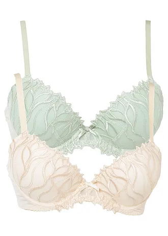 Lot de 2 soutiens-gorge à coques et broderies • sauge clair + ivoire • Boutique bonprix
