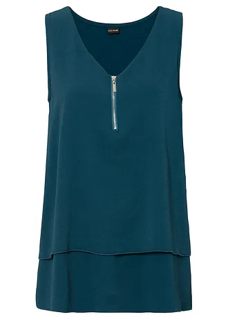 Top met rits in een viscosemix, Kleur: blauwpetrol