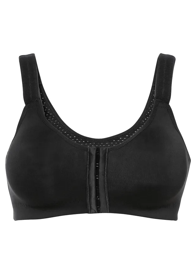 Sportbeha met sluiting aan de voorkant en gemiddelde steun • zwart • bonprix online shop