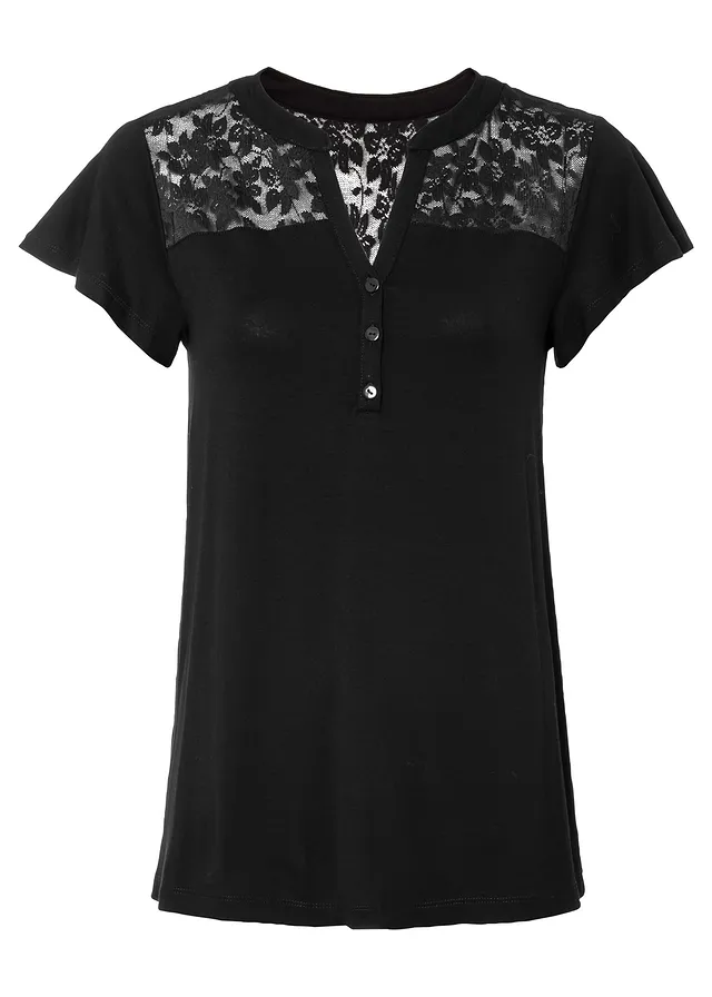 Bluză henley cu dantelă, din material cu viscoză