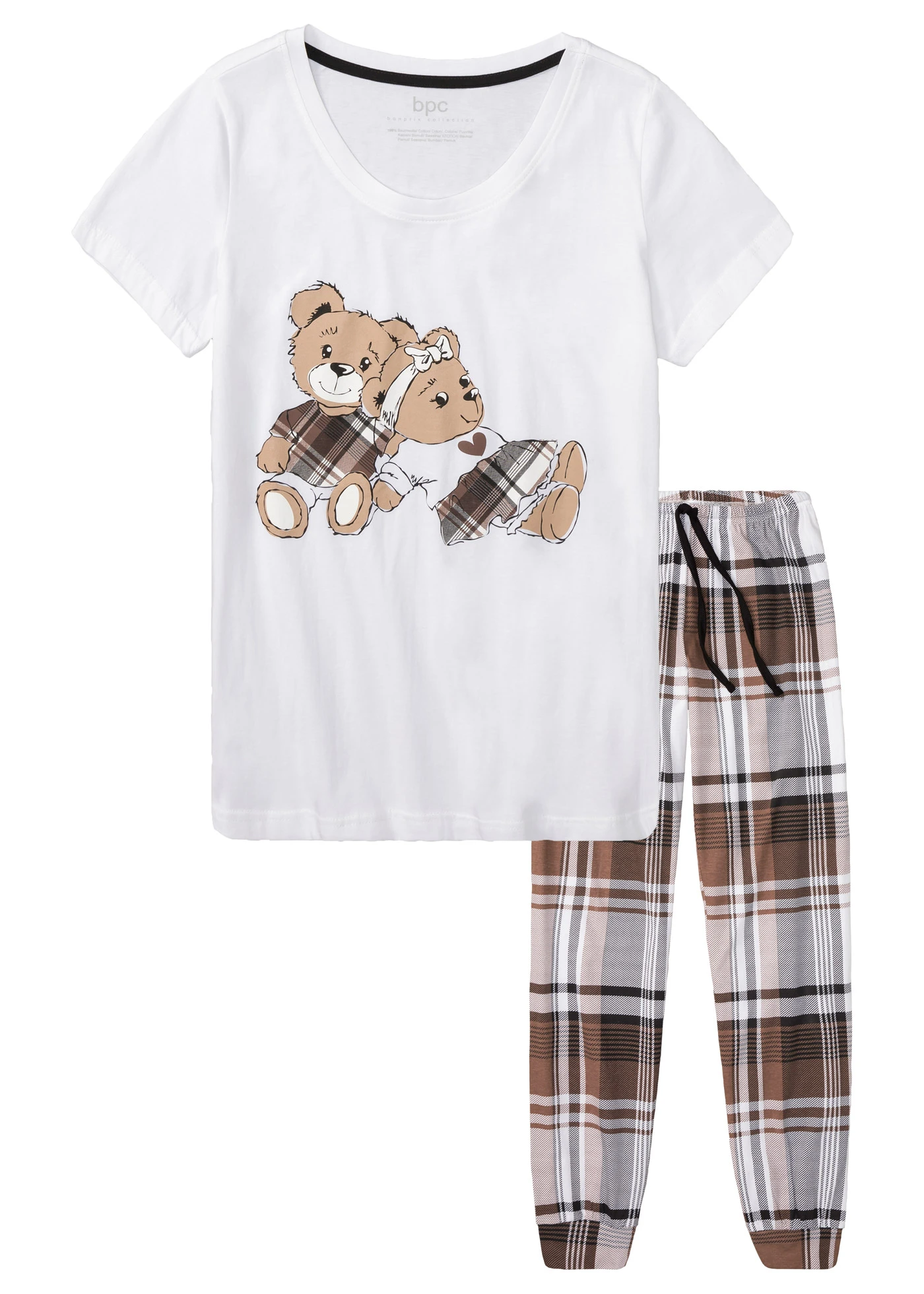 Pyjama van biologisch katoen • wit-kastanjebruin geruit • bonprix online shop