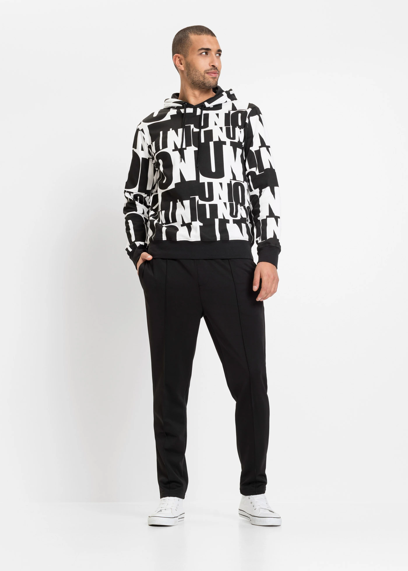 Bluza z kapturem, z bawełny organicznej • biały + czarny • sklep bonprix