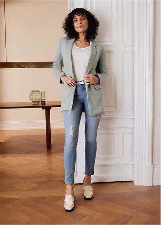 Dlouhý žerzejový blejzr s kapsami • kouřově zelený melír • bonprix obchod