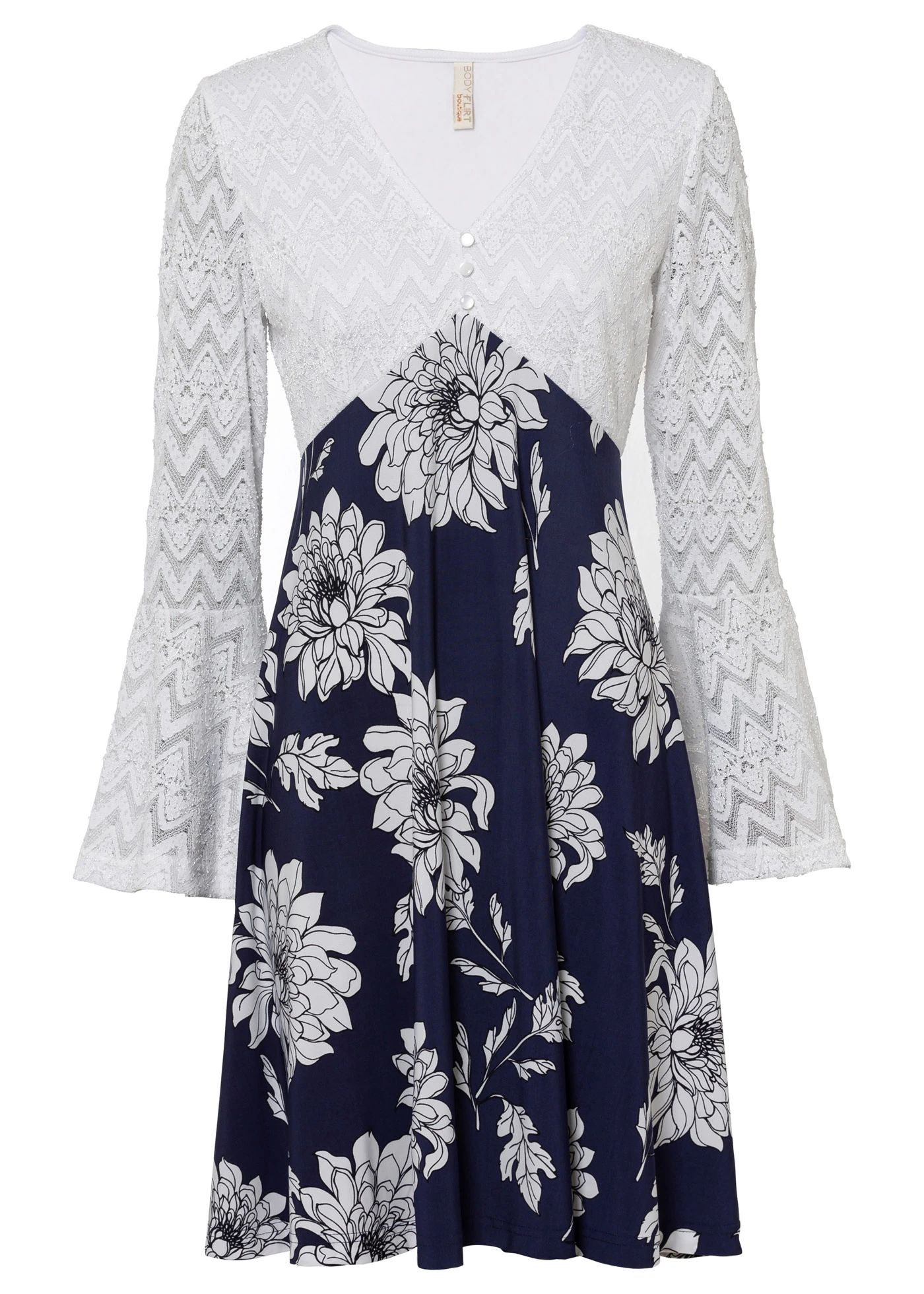 Žerzejové šaty s krajkou • krémovo-modrá s květy • bonprix obchod