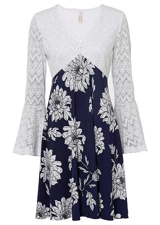 Žerzejové šaty s krajkou, barva: krémovo-modrá s květy