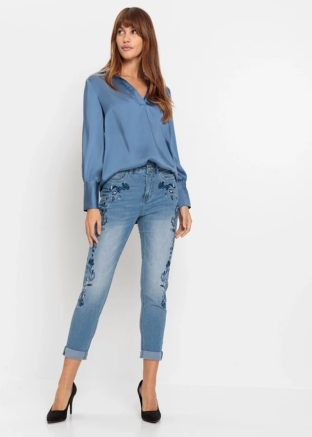 Jean slim taille mi-haute, court, Couleur: bleu clair denim floral