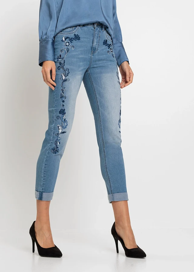 Slim fit jeans met mid waist, cropped, Kleur: lichtblauw denim gebloemd