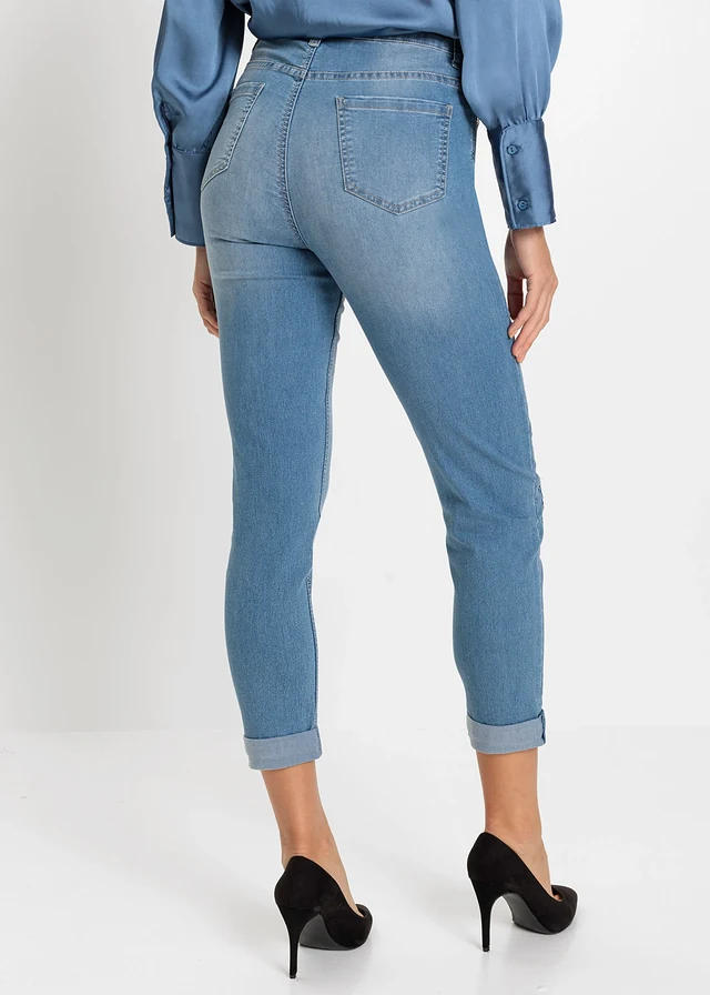 Jean slim taille mi-haute, court, Couleur: bleu clair denim floral