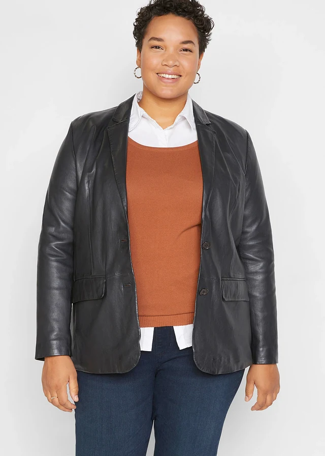 Blazer en cuir d’agneau nappa, Couleur: noir
