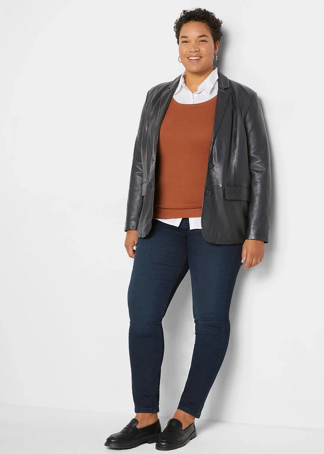 Blazer en cuir d’agneau nappa, Couleur: noir