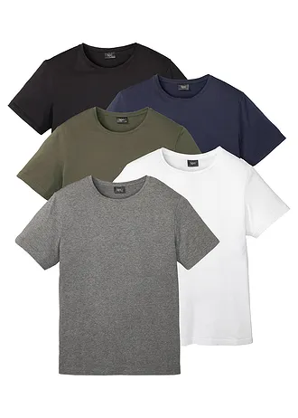 T-shirt (set van 5), Kleur: wit+grijs gemêleerd+donkerolijfgroen+donkerblauw+zwart