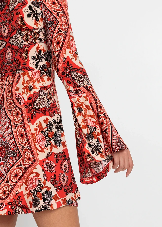 Robe en jersey avec col montant et manches volantées • rouge/beige imprimé • product-page.page-title-suffix