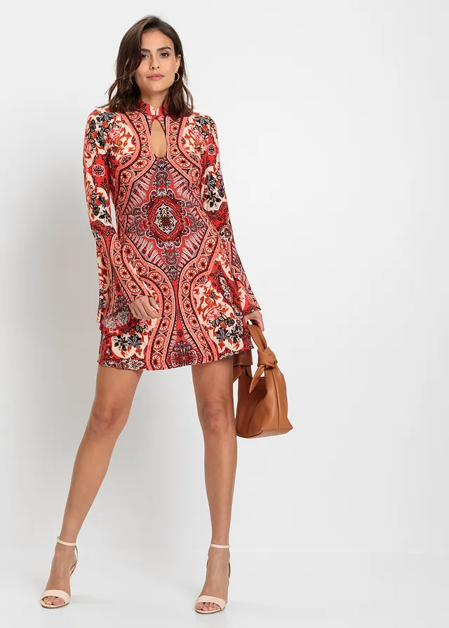 Robe en jersey avec col montant et manches volantées, Couleur: rouge/beige imprimé