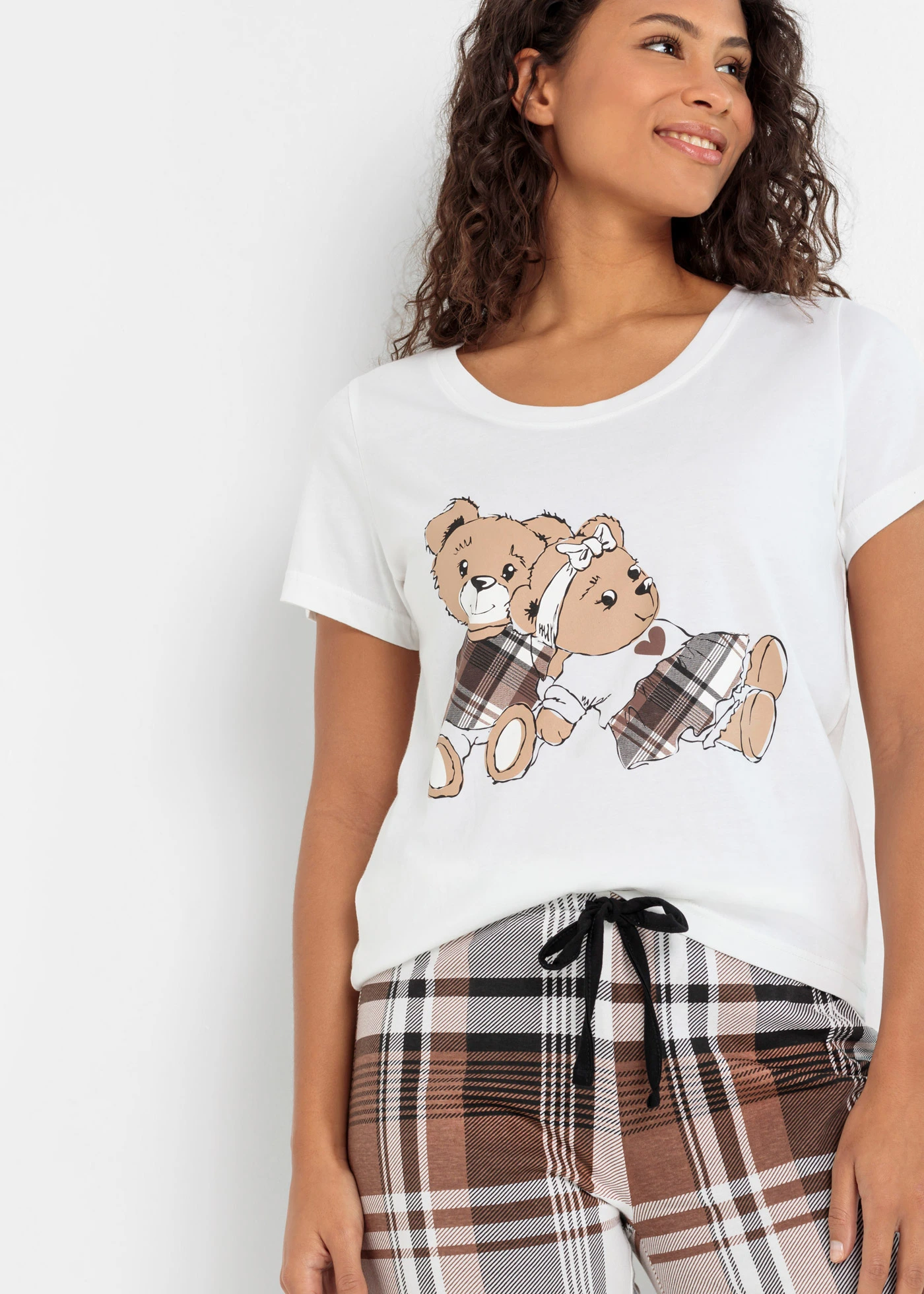 Pijama din bumbac organic 100% • alb-maro-castaniu cadrilat • magazin bonprix