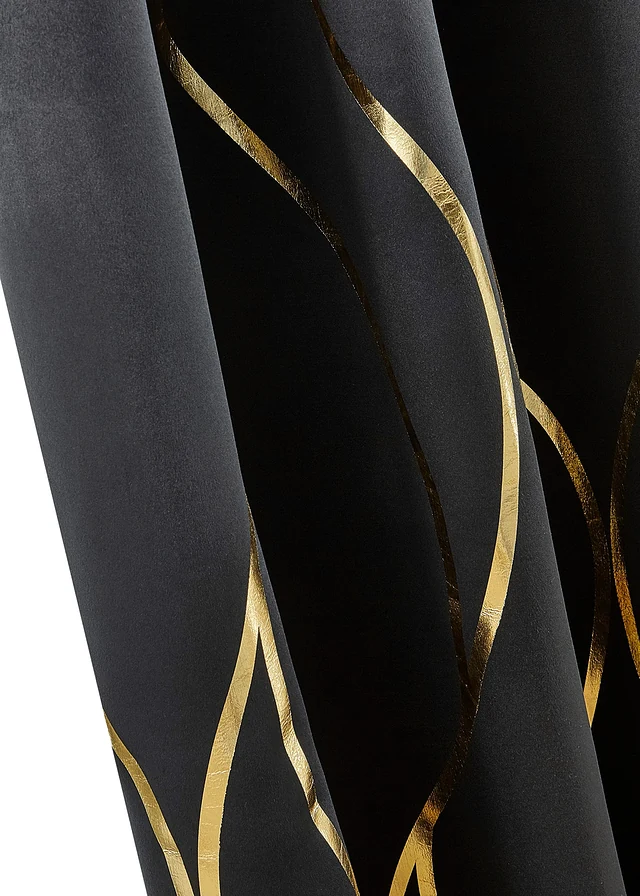 Verduisterend gordijn met glanzende print (1 stuk), Kleur: zwart/goudkleur