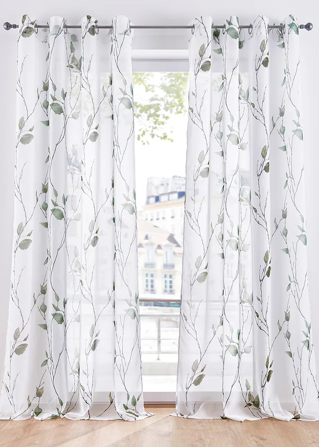 Gordijn van lichte voile (1 stuk) • wit-lichtgroen gebloemd • bonprix online shop