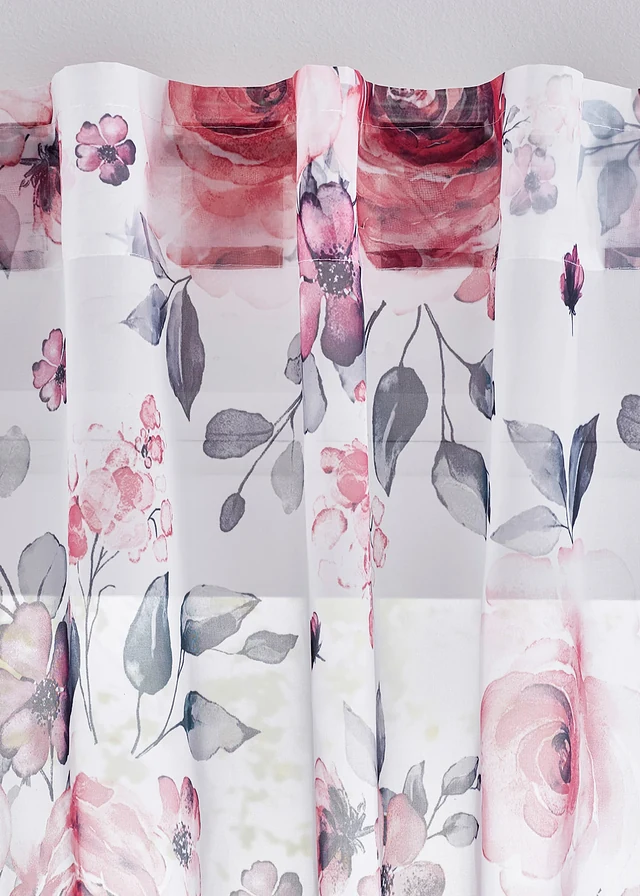 Transparant gordijn met verborgen lussen (1 stuk), Kleur: wit-roze gebloemd