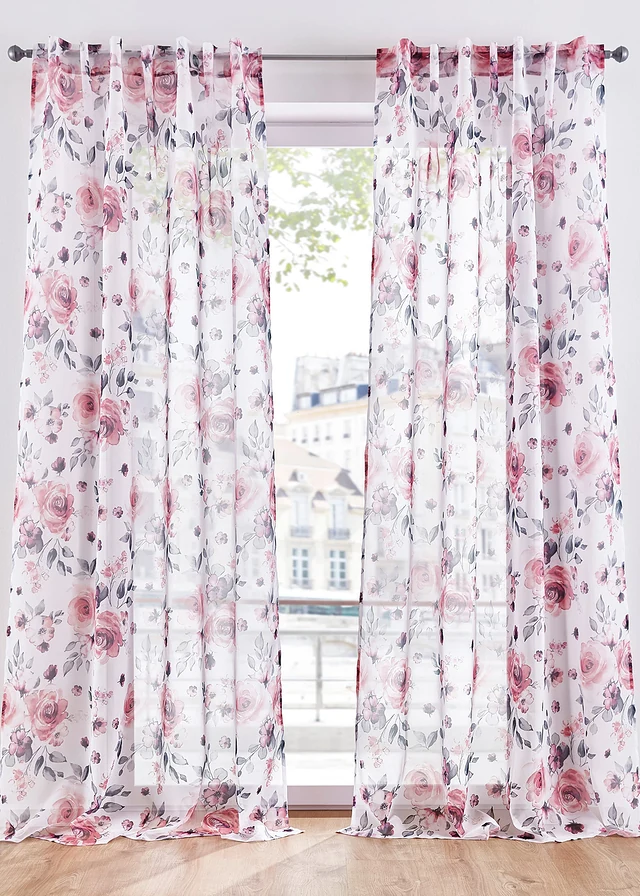 Transparant gordijn met verborgen lussen (1 stuk), Kleur: wit-roze gebloemd